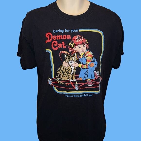 Steven Rhodes Caring For Your Demon Cat Black Graphic T-shirt Adult XL #119 - Picture 1 of 4